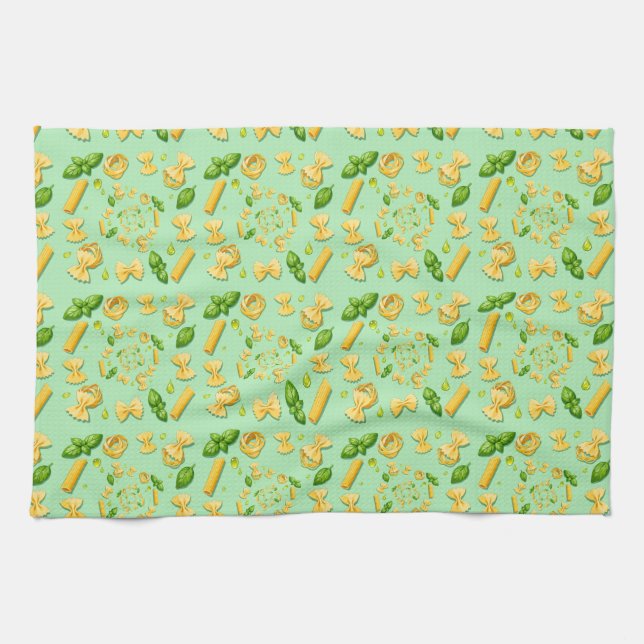 Paño De Cocina Pasta and basil leaves on green (Horizontal)