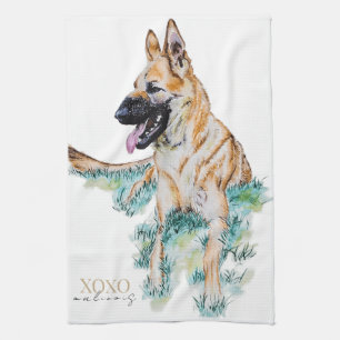 Paño De Cocina Pastel al agua Pastor Alemán Malinois XOXO