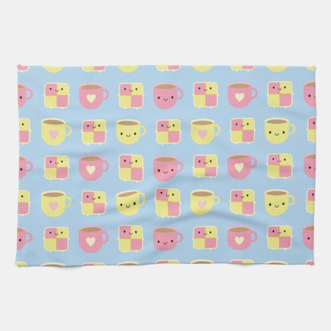 Paño De Cocina Pastel de Kawaii Battenberg y Copa de Té (Horizontal)