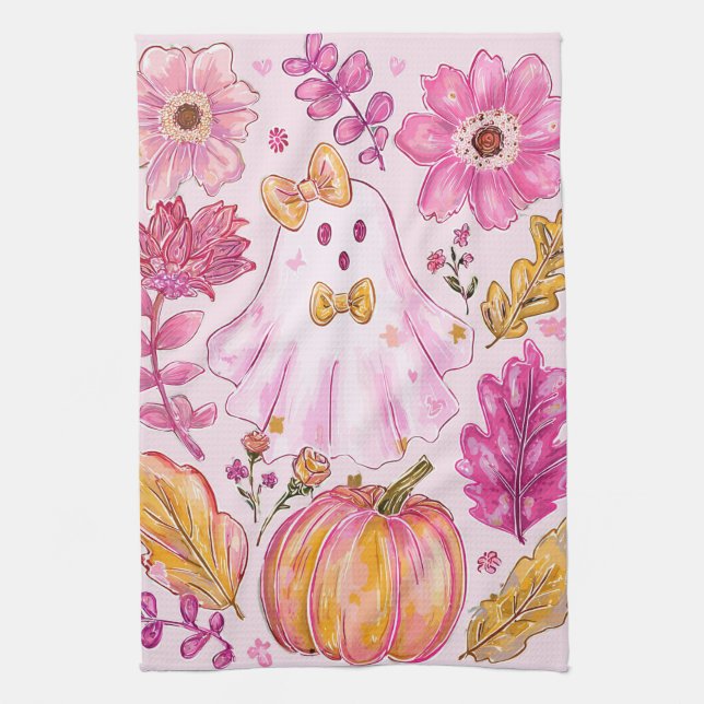 Paño De Cocina Pastel Pink Halloween Ghost with Flowers and Pumpk (Vertical)