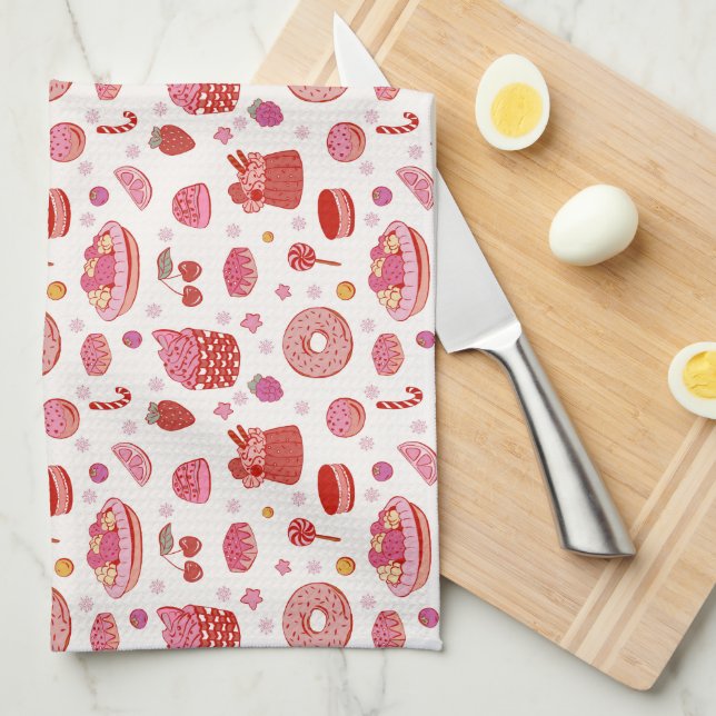 Paño De Cocina Pasteles y dulces rosados rojos (Doblado Cuarto)