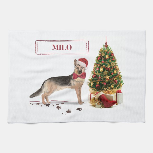 Paño De Cocina Pastor alemán Navidades graciosos perro con árbol (Horizontal)