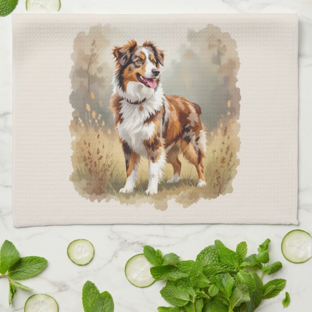 Paño De Cocina Pastor Australiano Perro Rojo Merle Aussie (Doblado)