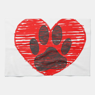 Paño De Cocina Pata de perro dibujada en corazón rojo