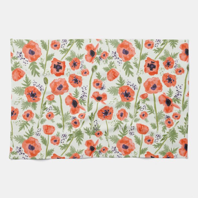 Paño De Cocina Patrón acuarela de las flores de la adormidera roj (Horizontal)