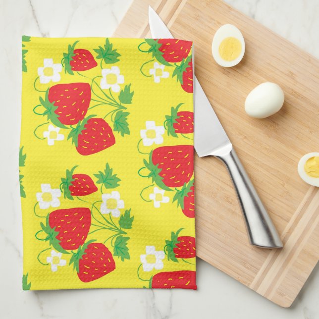 Paño De Cocina Patrón Amarillo de Fresa y Flor (Doblado Cuarto)