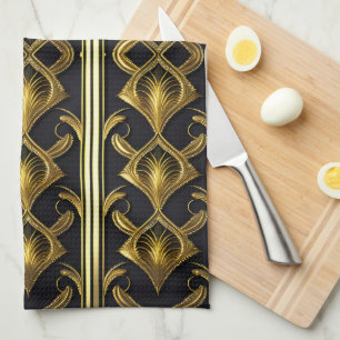 Paño De Cocina Patrón Art Deco elegante en negro y oro