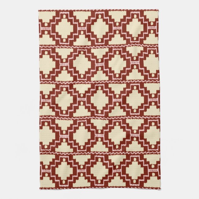 Paño De Cocina Patrón Azteca Ikat - Beige, Borgoña y Rosa (Vertical)