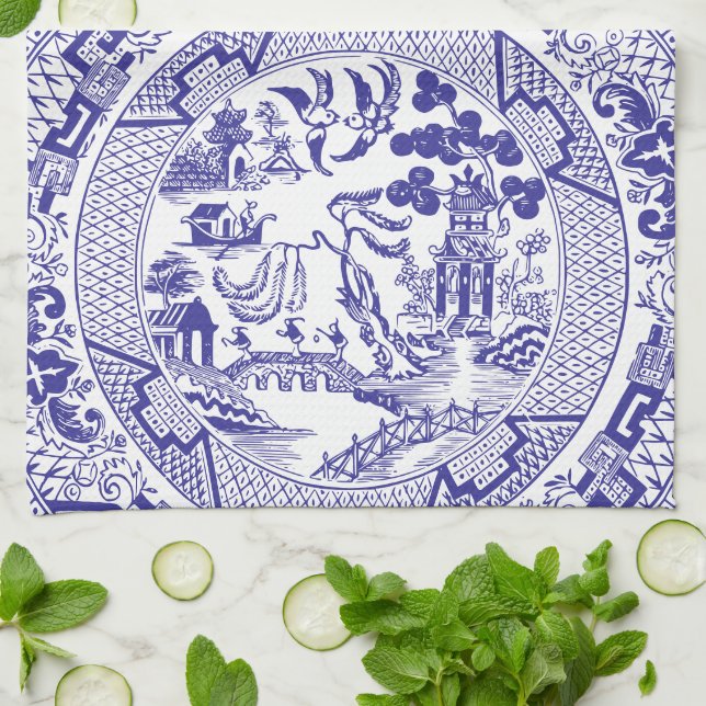 Paño De Cocina Patrón azul de China salvaje con nombre personaliz (Doblado)