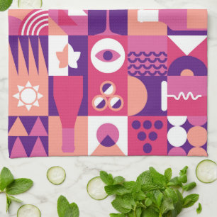 Paño De Cocina Patrón Bauhaus de vino púrpura rosa retro