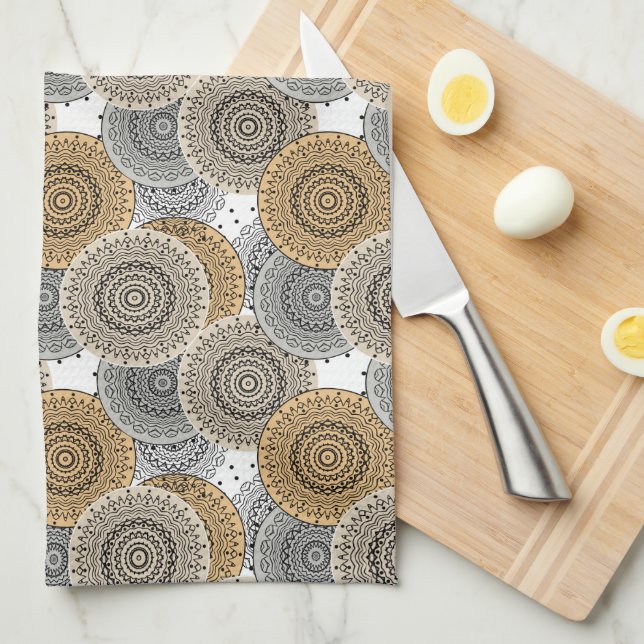 Paño De Cocina Patrón beige gris mandala árabe estilo oriental (Doblado Cuarto)