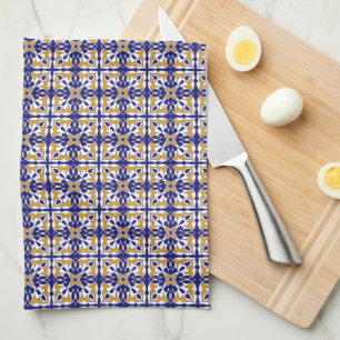 Paño De Cocina Patrón bohemiano de color azul mosaico amarillo am
