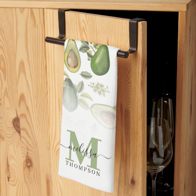 Paño De Cocina Patrón Botánico de Aguacate Monogramado (Pliegue de tercios)