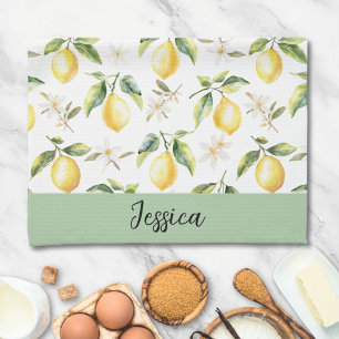 Paño De Cocina Patrón botánico de fruta de limón cítrico monogram