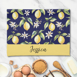 Paño De Cocina Patrón botánico de fruta de limón cítrico monogram
