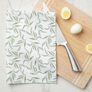 Paño De Cocina Patrón Botánico de Hojas de Acuarela Verde Simple