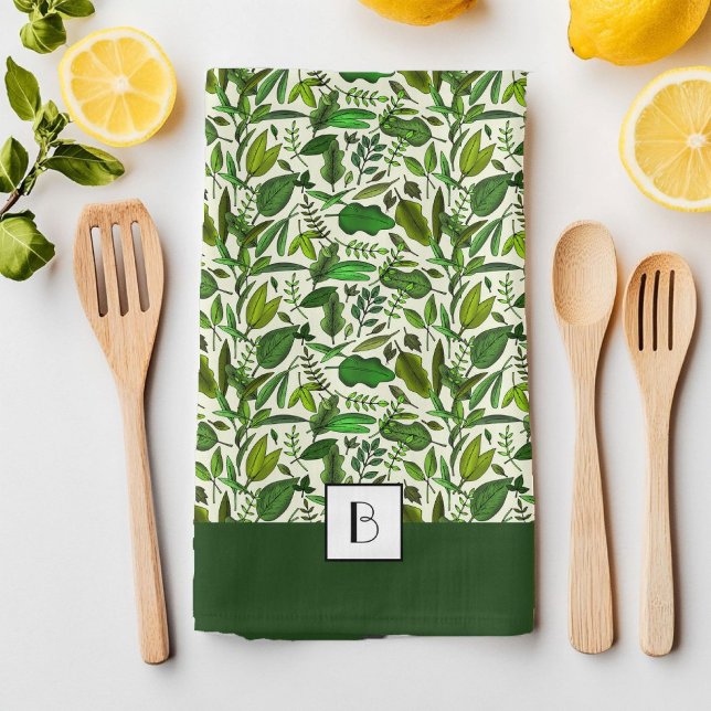 Paño De Cocina Patrón botánico verde monograma elegante (Elegant Monogram Green Botanical Pattern Kitchen Towel)