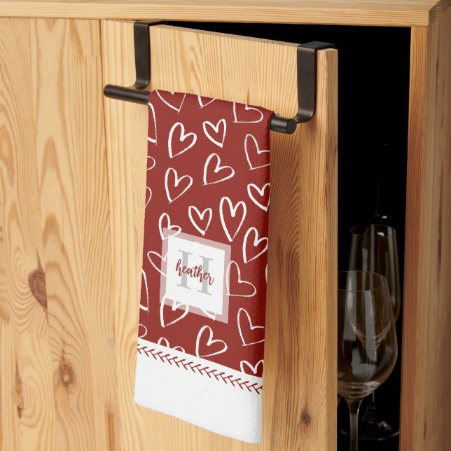 Paño De Cocina Patrón cardíaco de San Valentín rojo monograma (Pliegue de tercios)