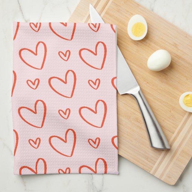 Paño De Cocina patrón cardíaco valentino en rosa y rojo (Doblado Cuarto)