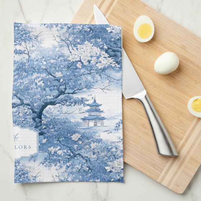 Paño De Cocina Patrón Chinoiserie azul de porcelana ID1094 (Doblado Cuarto)