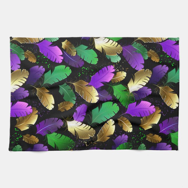Paño De Cocina Patrón continuo con plumas de Mardi Gras (Horizontal)