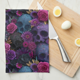 Paño De Cocina Patrón continuo de cráneo floral gótico oscuro