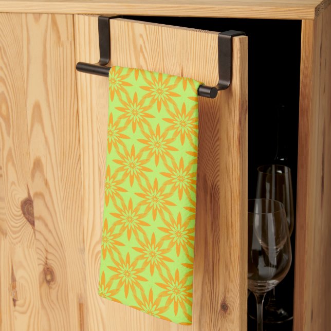 Paño De Cocina Patrón continuo de flores verdes naranjas (Pliegue de tercios)