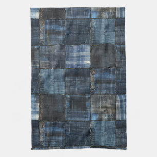 Paño De Cocina Patrón continuo de patchwork de mezclilla índigo