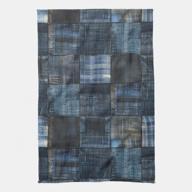 Paño De Cocina Patrón continuo de patchwork de mezclilla índigo (Vertical)