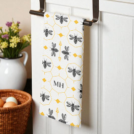 Paño De Cocina Patrón de abeja amarillo moderno Monograma negro e