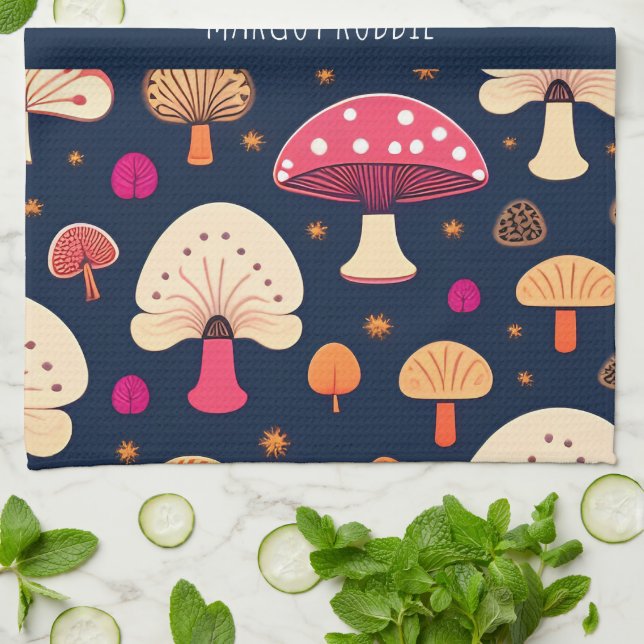 Paño De Cocina Patrón de acuarela azul rosa de hongos divertidos (Doblado)