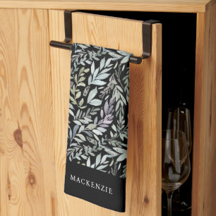 Paño De Cocina Patrón de acuarela botánica negra personalizado