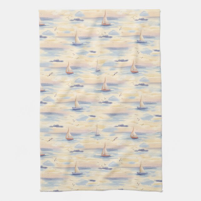 Paño De Cocina Patrón de acuarela de barcos de vela soñadores en  (Vertical)