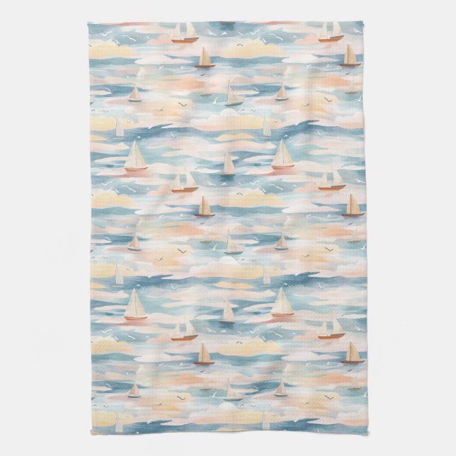 Paño De Cocina Patrón de acuarela de barcos de vela soñadores en  (Vertical)