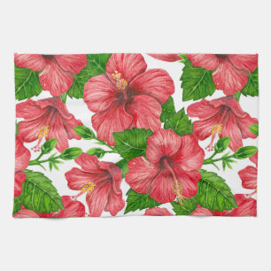 Paño De Cocina Patrón de acuarela de hibiscos rojos
