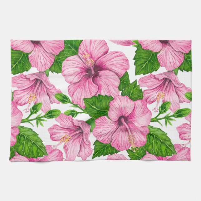 Paño De Cocina Patrón de acuarela de hibiscos rosados (Horizontal)