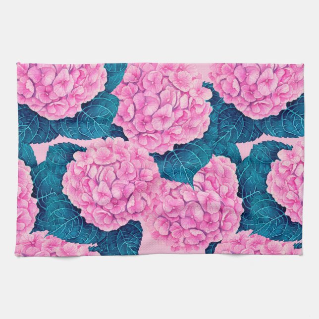 Paño De Cocina Patrón de acuarela de hidrangea, rosa y azul (Horizontal)