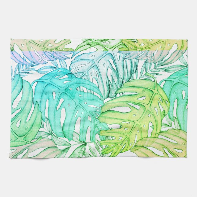 Paño De Cocina Patrón de acuarela de hojas de monstera pastel tro (Horizontal)