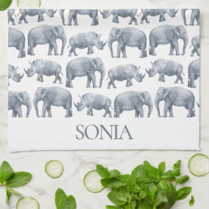 Paño De Cocina Patrón de acuarela del elefante del rinoceronte