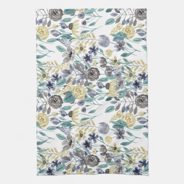 Paño De Cocina Patrón de acuarela floral amarillo gris moderno (Vertical)
