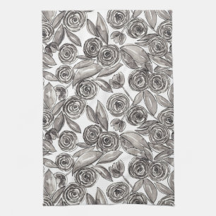 Paño De Cocina Patrón de acuarela floral blanco y negro moderno