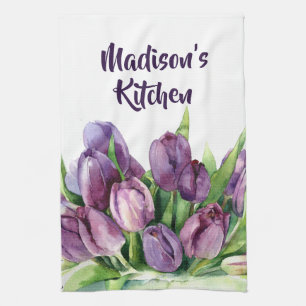 Paño De Cocina Patrón de acuarela floral de tulipanes morados