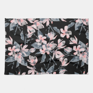 Paño De Cocina Patrón de acuarela floral rosa y gris