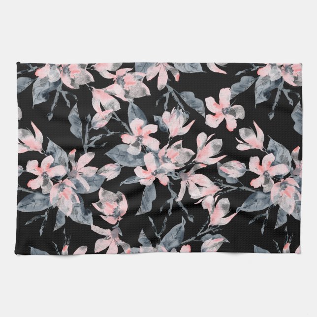 Paño De Cocina Patrón de acuarela floral rosa y gris (Horizontal)