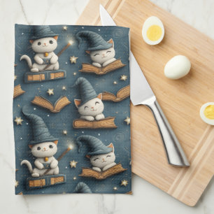 Paño De Cocina Patrón de adorable gato mago con libros y estrella