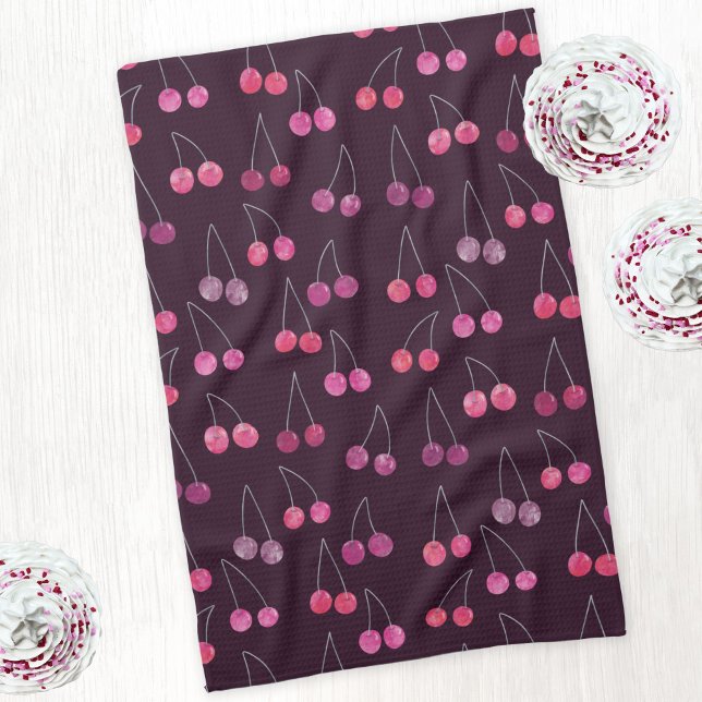 Paño De Cocina Patrón de agua de cerezo negro (Watercolor black cherries pattern kitchen tea towel)