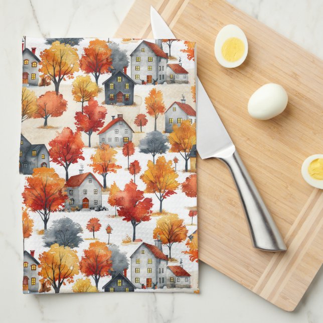 Paño De Cocina Patrón de aldea de bosques de acuarela rústica (Doblado Cuarto)