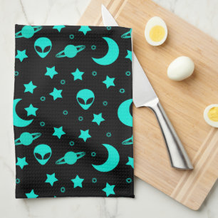 Paño De Cocina Patrón de Alien Turquesa con Estrellas y Lunas