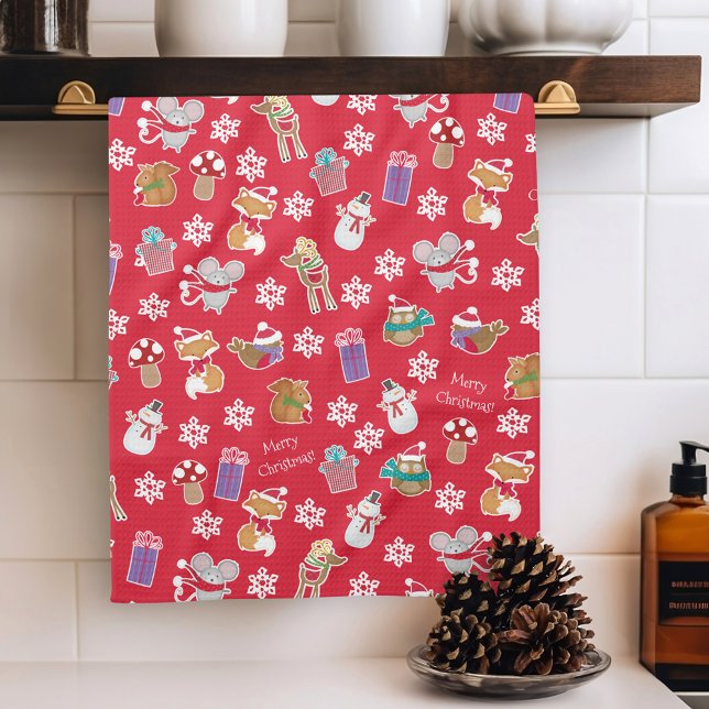 Paño De Cocina Patrón de animales de Woodland Navidad Feliz Rojo (Subido por el creador)