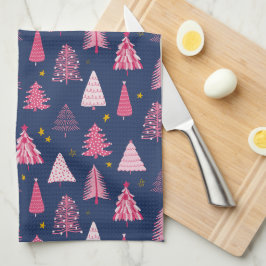 Paño De Cocina Patrón de árbol de Navidad azul y rosa
